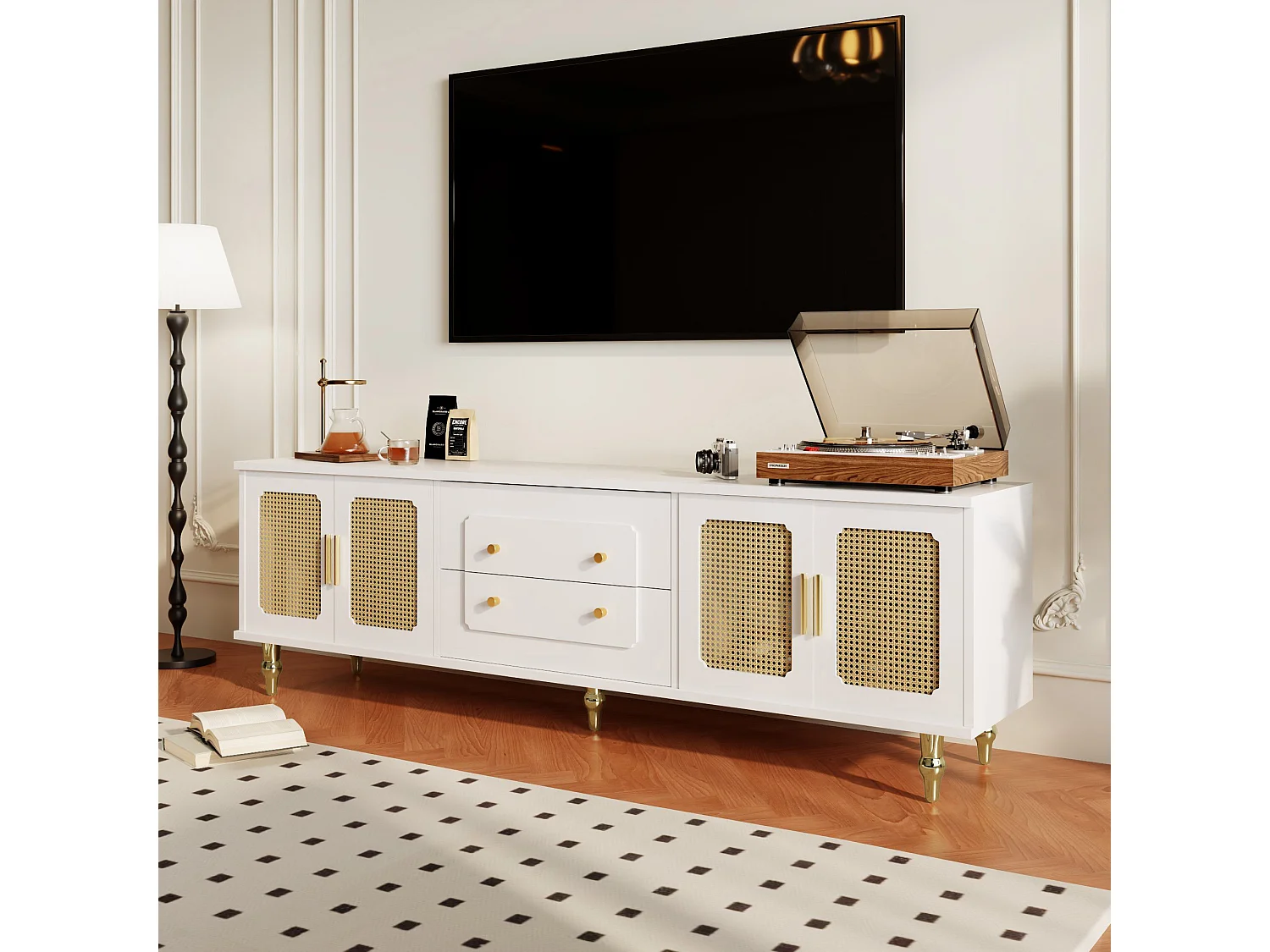 TV-Schrank mit 4 Rattantüren und 2 Schubladen – 175 x 38 x 55,5 cm – Spanplatte – goldene Griffe und Beine – weiß