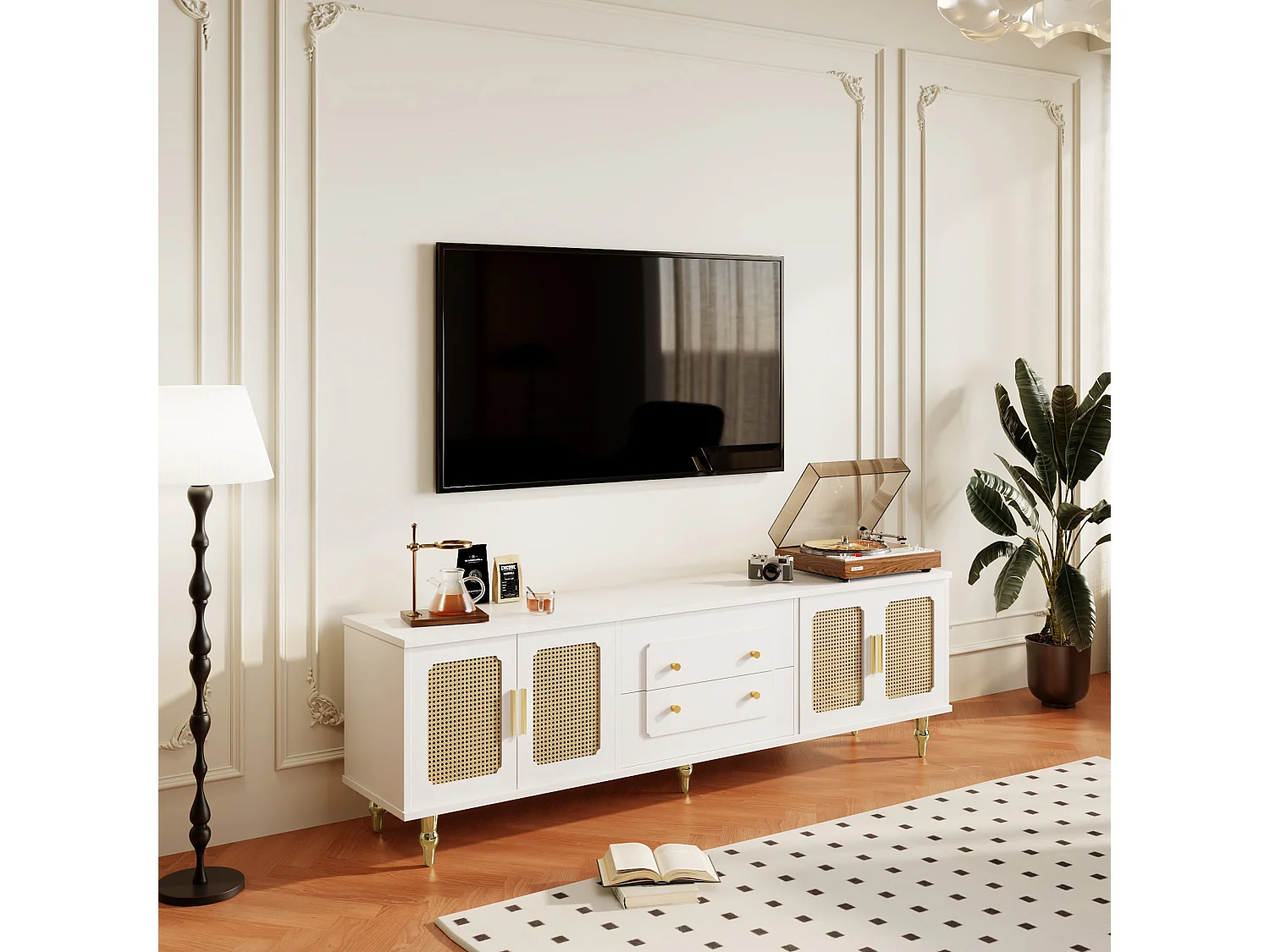 TV-Schrank mit 4 Rattantüren und 2 Schubladen – 175 x 38 x 55,5 cm – Spanplatte – goldene Griffe und Beine – weiß