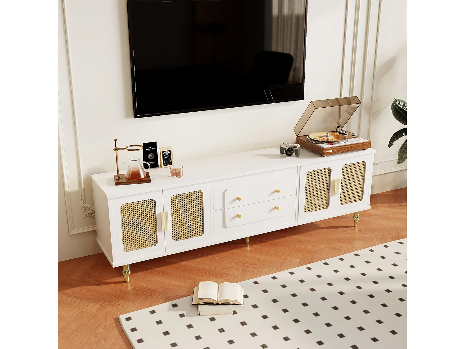 TV-Schrank mit 4 Rattantüren und 2 Schubladen – 175 x 38 x 55,5 cm – Spanplatte – goldene Griffe und Beine – weiß