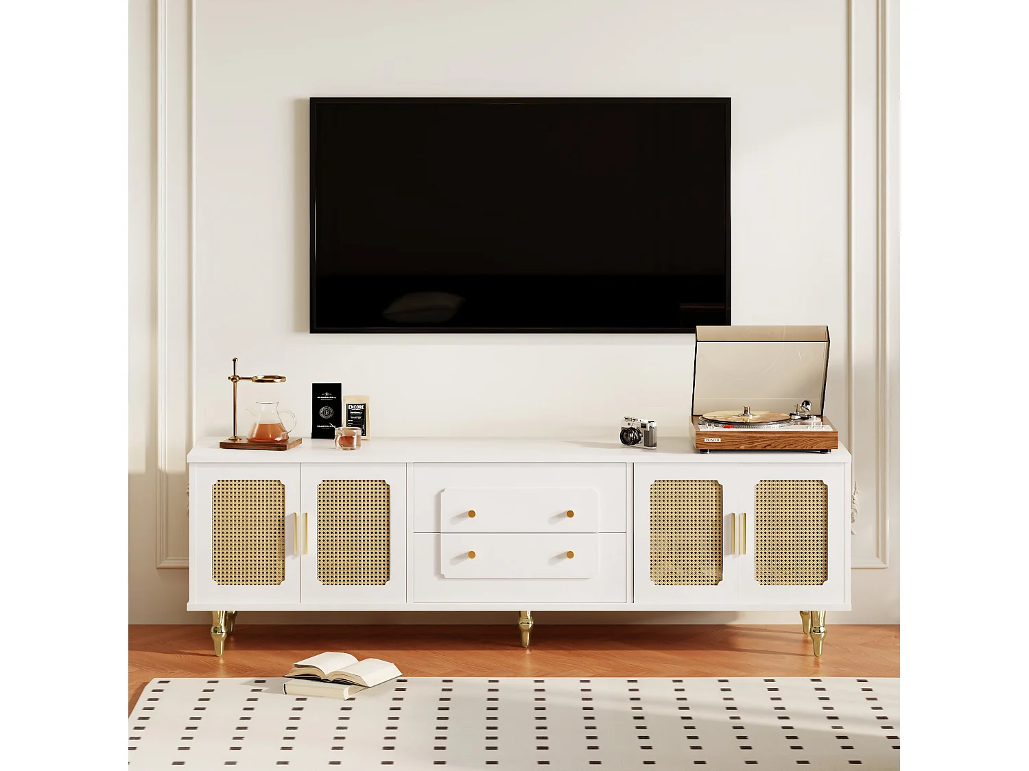 TV-Schrank mit 4 Rattantüren und 2 Schubladen – 175 x 38 x 55,5 cm – Spanplatte – goldene Griffe und Beine – weiß