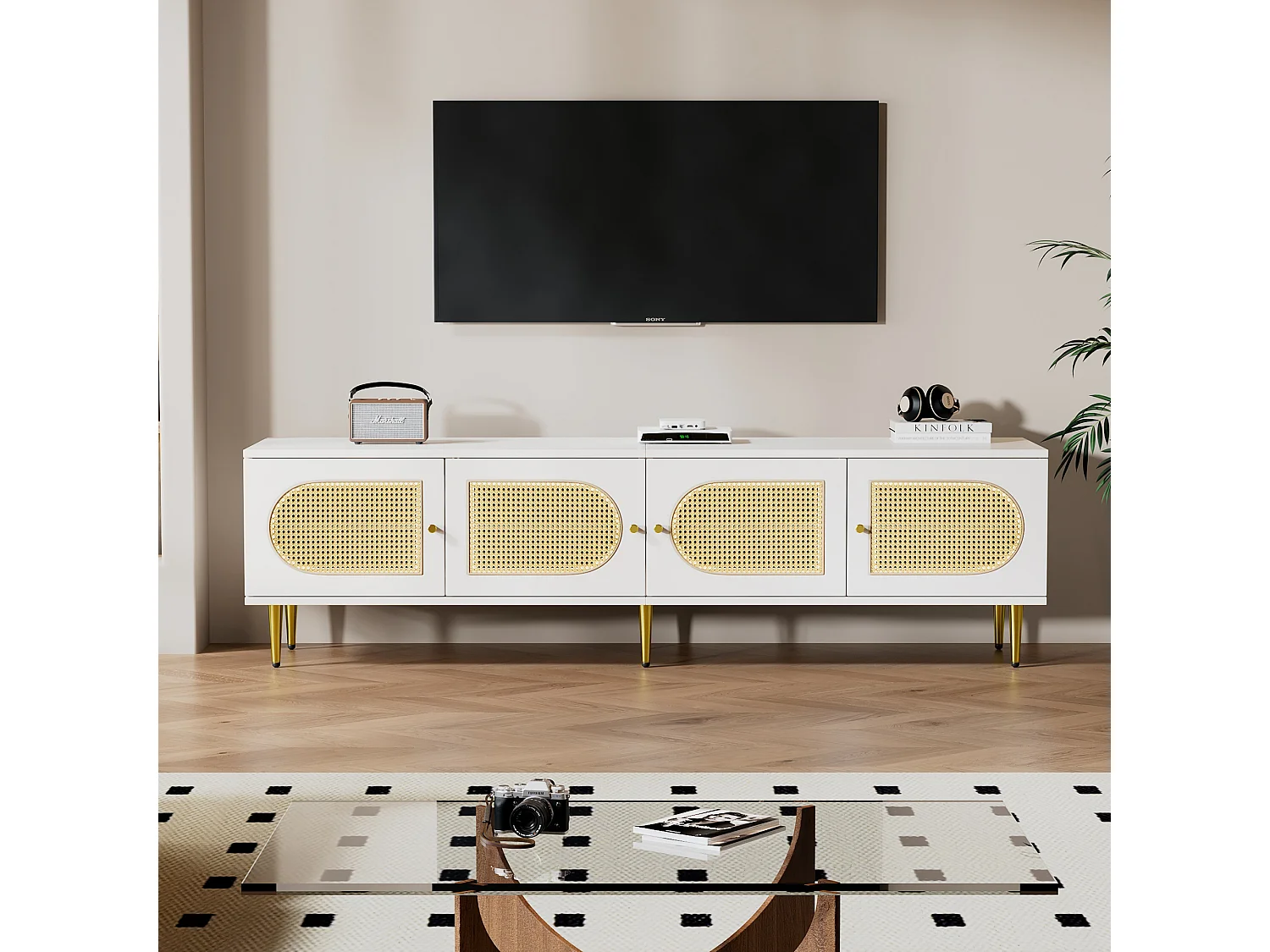 TV-meubel met 4 rotan deuren - 180 x 40 x 50 cm - Goudkleurige metalen poten en spaanplaat - Wit