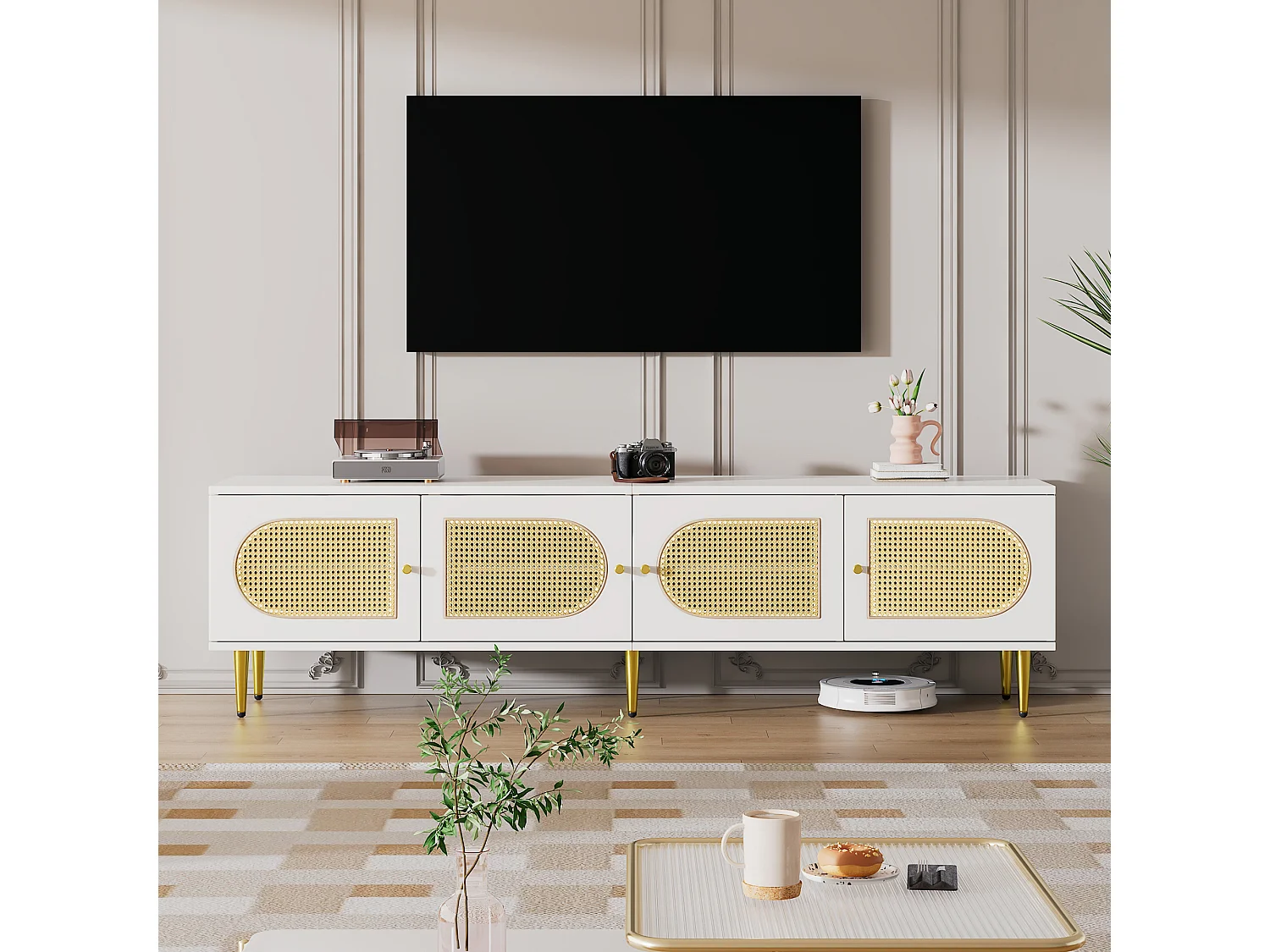 TV-meubel met 4 rotan deuren - 180 x 40 x 50 cm - Goudkleurige metalen poten en spaanplaat - Wit