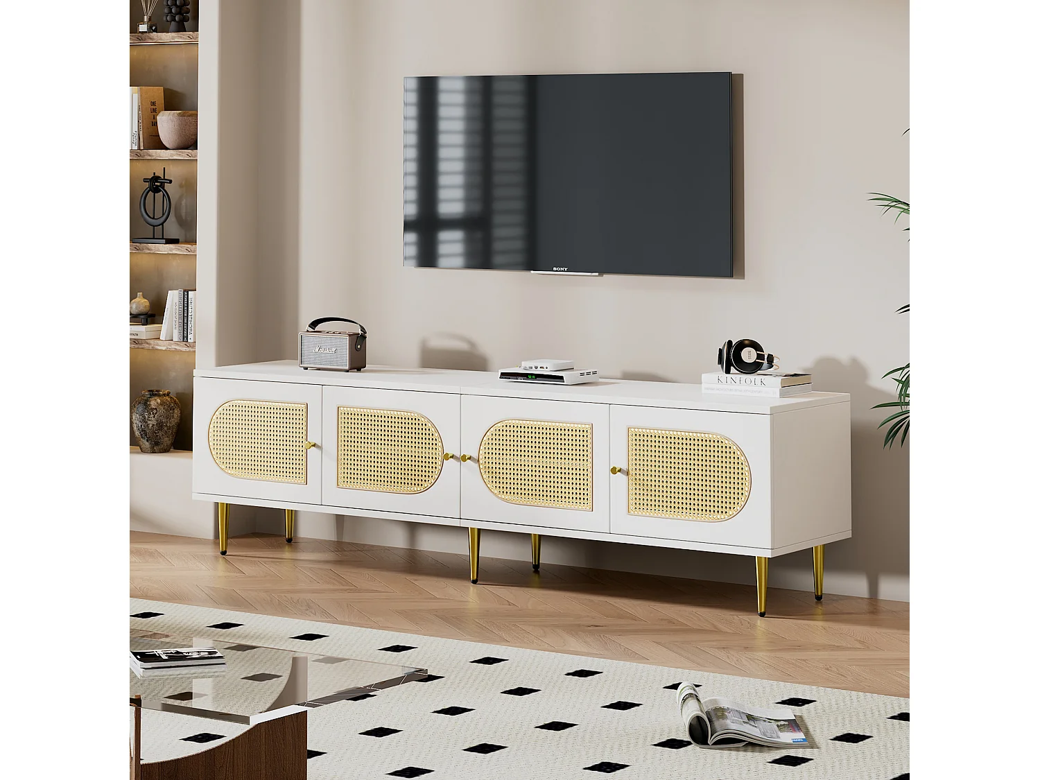 TV-meubel met 4 rotan deuren - 180 x 40 x 50 cm - Goudkleurige metalen poten en spaanplaat - Wit