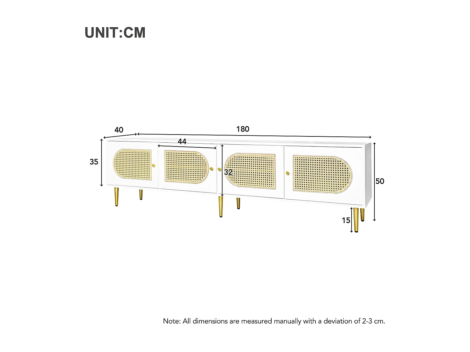TV-meubel met 4 rotan deuren - 180 x 40 x 50 cm - Goudkleurige metalen poten en spaanplaat - Wit