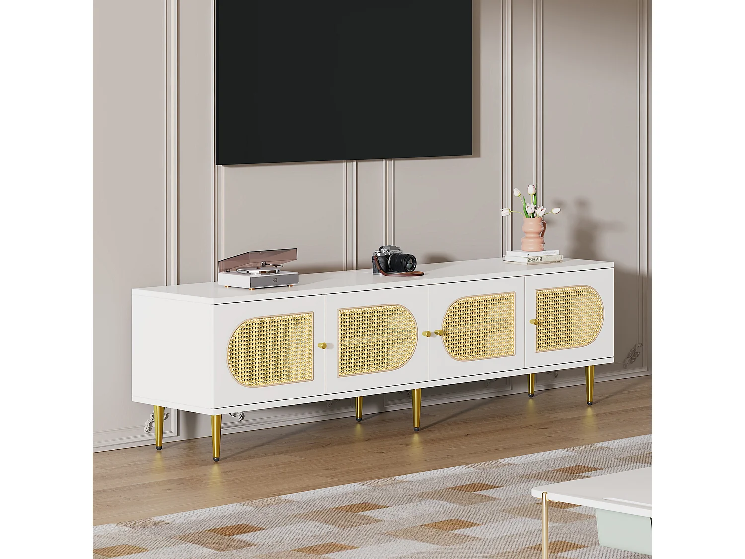 Meuble TV avec 4 portes en rotin - 180 x 40 x 50 cm - Pieds en métal doré et panneaux de particules - Blanc