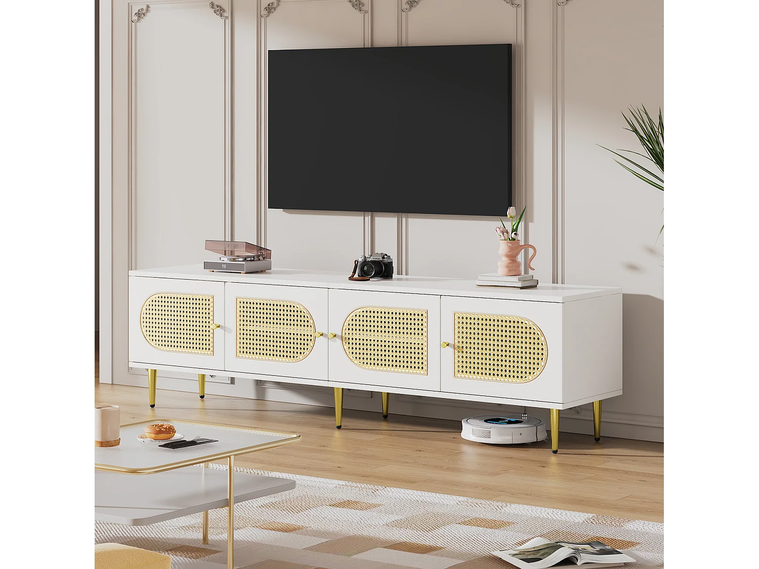 Meuble TV avec 4 portes en rotin - 180 x 40 x 50 cm - Pieds en métal doré et panneaux de particules - Blanc