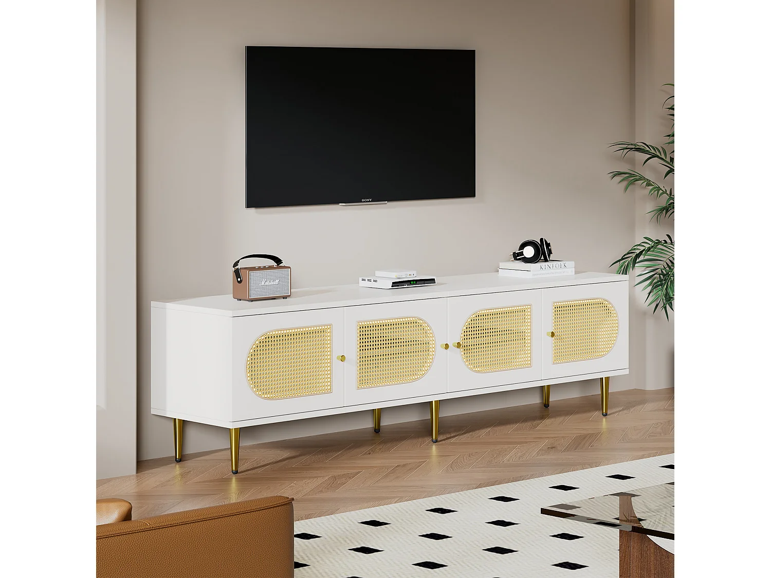 Meuble TV avec 4 portes en rotin - 180 x 40 x 50 cm - Pieds en métal doré et panneaux de particules - Blanc