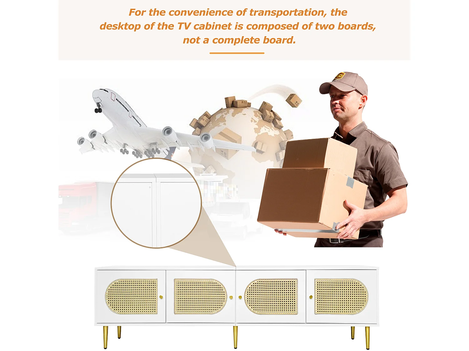 Meuble TV avec 4 portes en rotin - 180 x 40 x 50 cm - Pieds en métal doré et panneaux de particules - Blanc