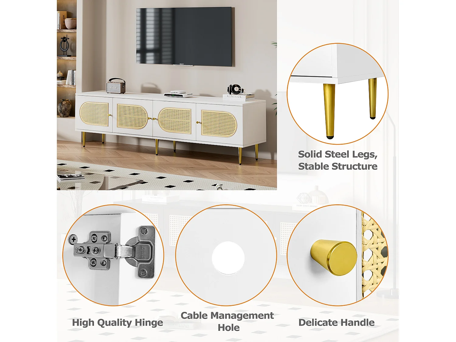 Meuble TV avec 4 portes en rotin - 180 x 40 x 50 cm - Pieds en métal doré et panneaux de particules - Blanc