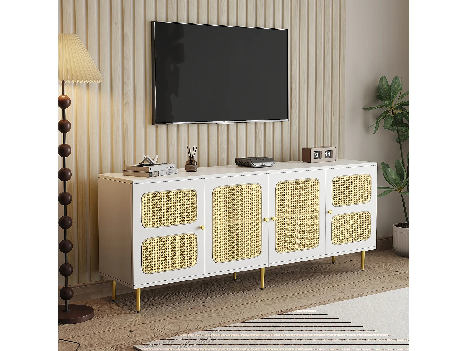 TV-meubel met 2 lades en 4 rotan deuren - 180x40x72 cm - Spaanplaat - Wit