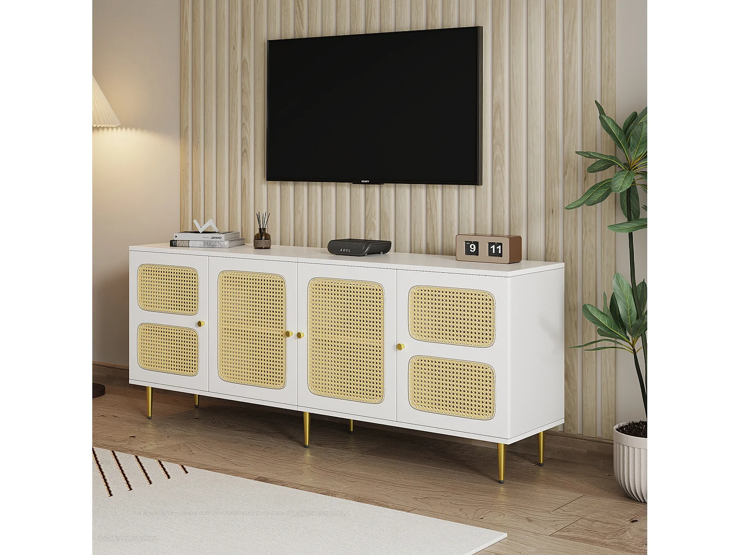 TV-meubel met 2 lades en 4 rotan deuren - 180x40x72 cm - Spaanplaat - Wit