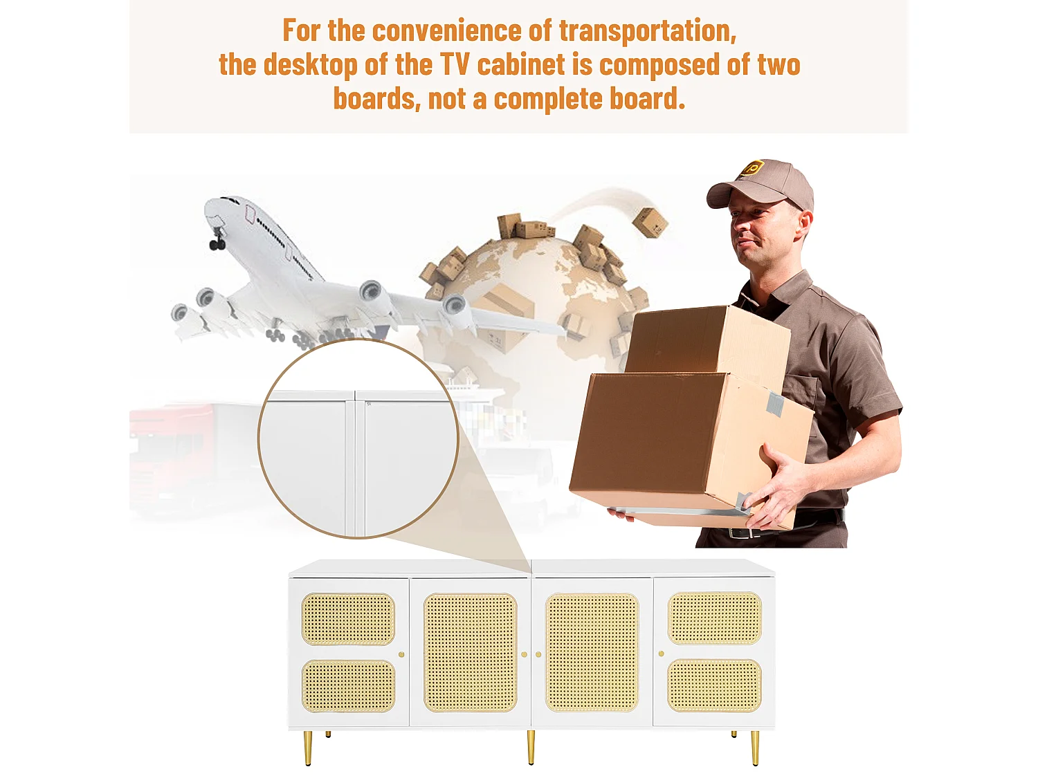 TV-meubel met 2 lades en 4 rotan deuren - 180x40x72 cm - Spaanplaat - Wit