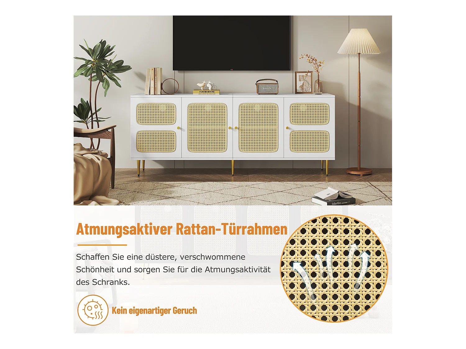 TV-meubel met 2 lades en 4 rotan deuren - 180x40x72 cm - Spaanplaat - Wit