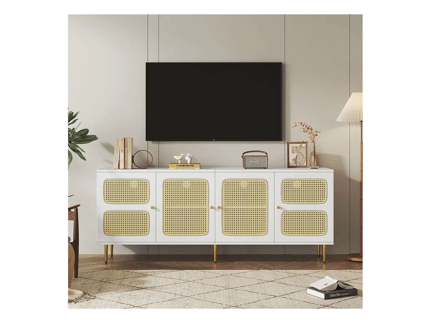 TV-meubel met 2 lades en 4 rotan deuren - 180x40x72 cm - Spaanplaat - Wit