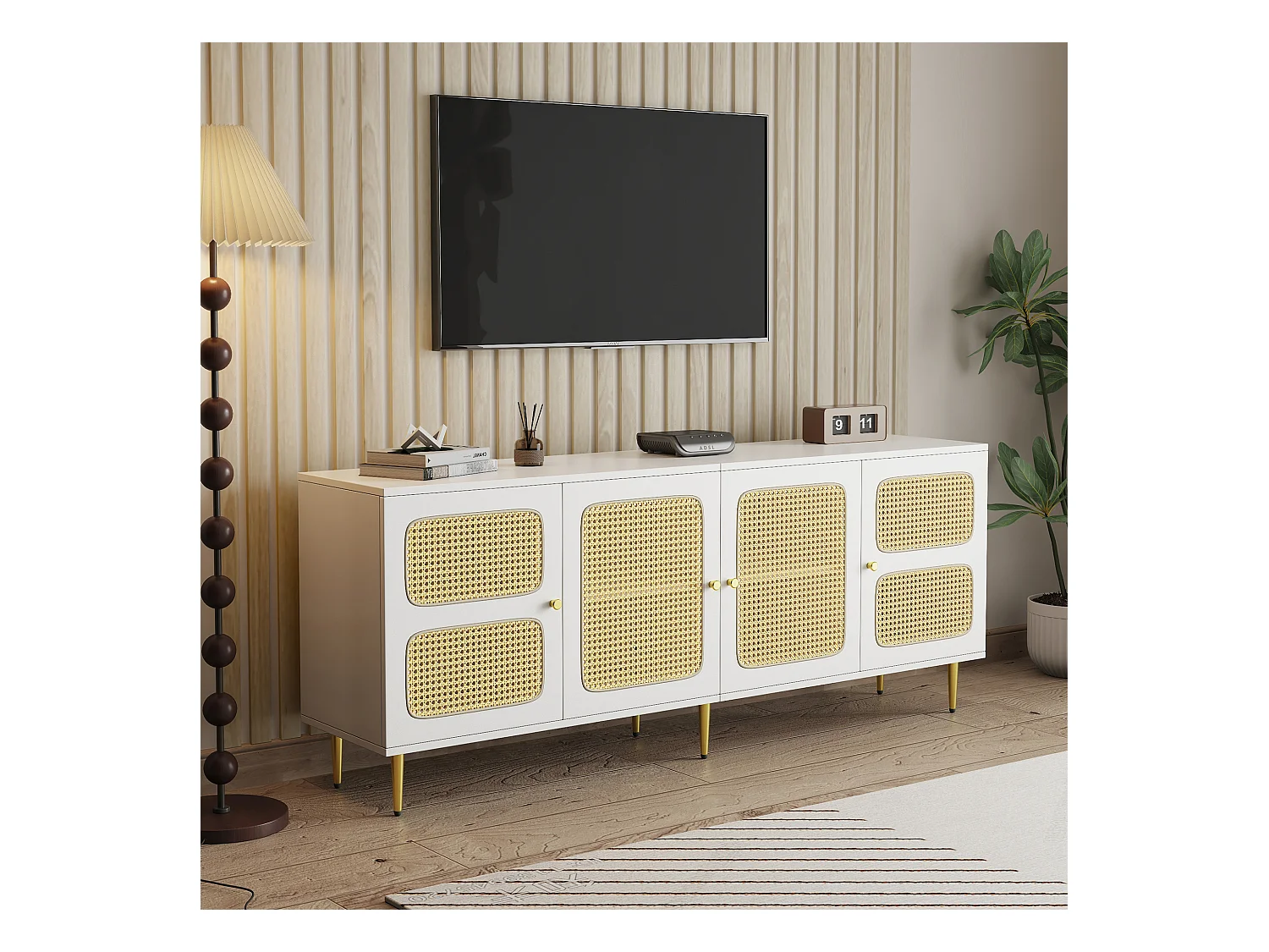 TV-meubel met 2 lades en 4 rotan deuren - 180x40x72 cm - Spaanplaat - Wit