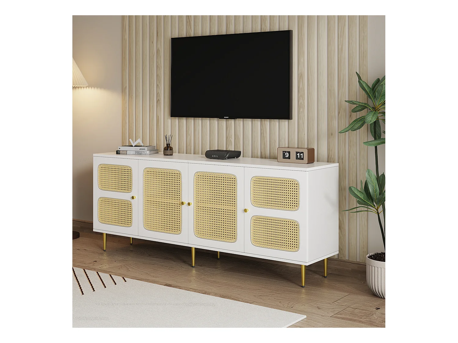 TV-meubel met 2 lades en 4 rotan deuren - 180x40x72 cm - Spaanplaat - Wit