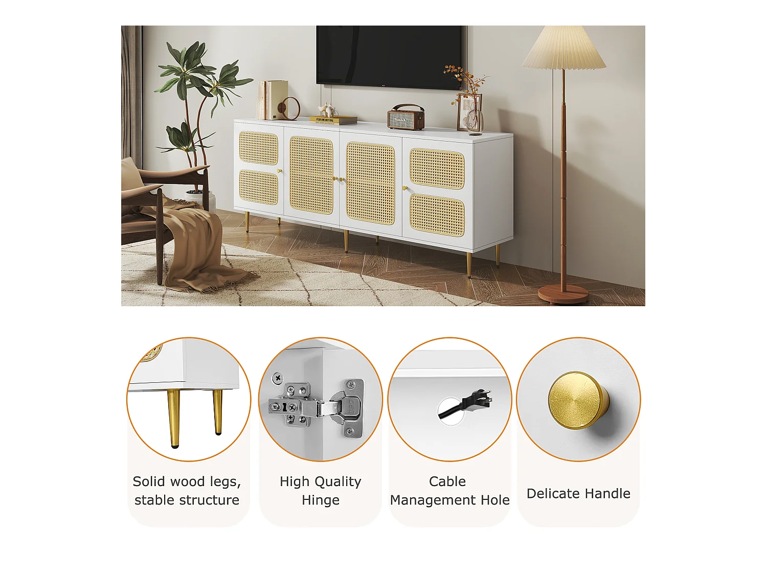 TV-meubel met 2 lades en 4 rotan deuren - 180x40x72 cm - Spaanplaat - Wit