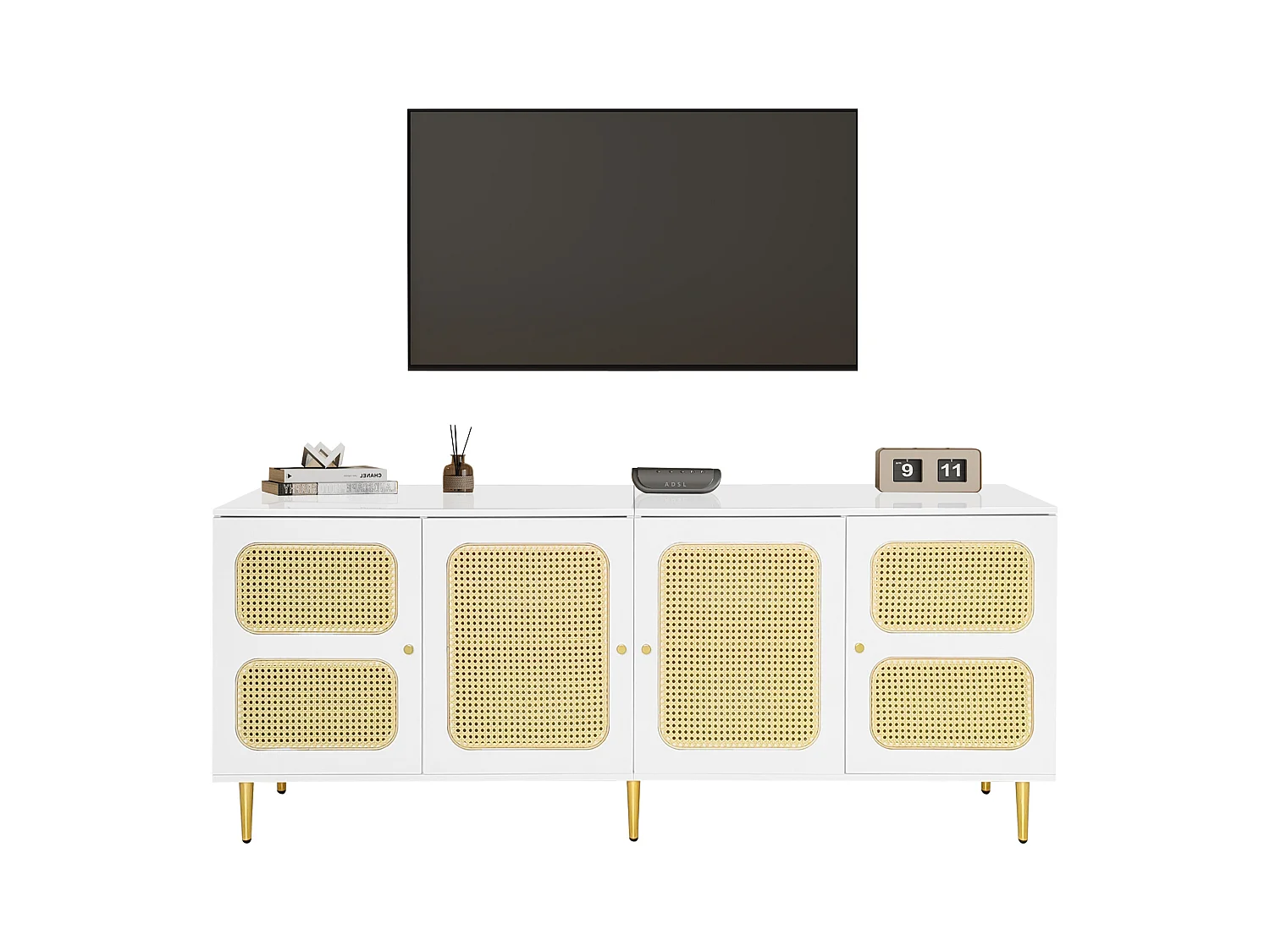 TV-meubel met 2 lades en 4 rotan deuren - 180x40x72 cm - Spaanplaat - Wit