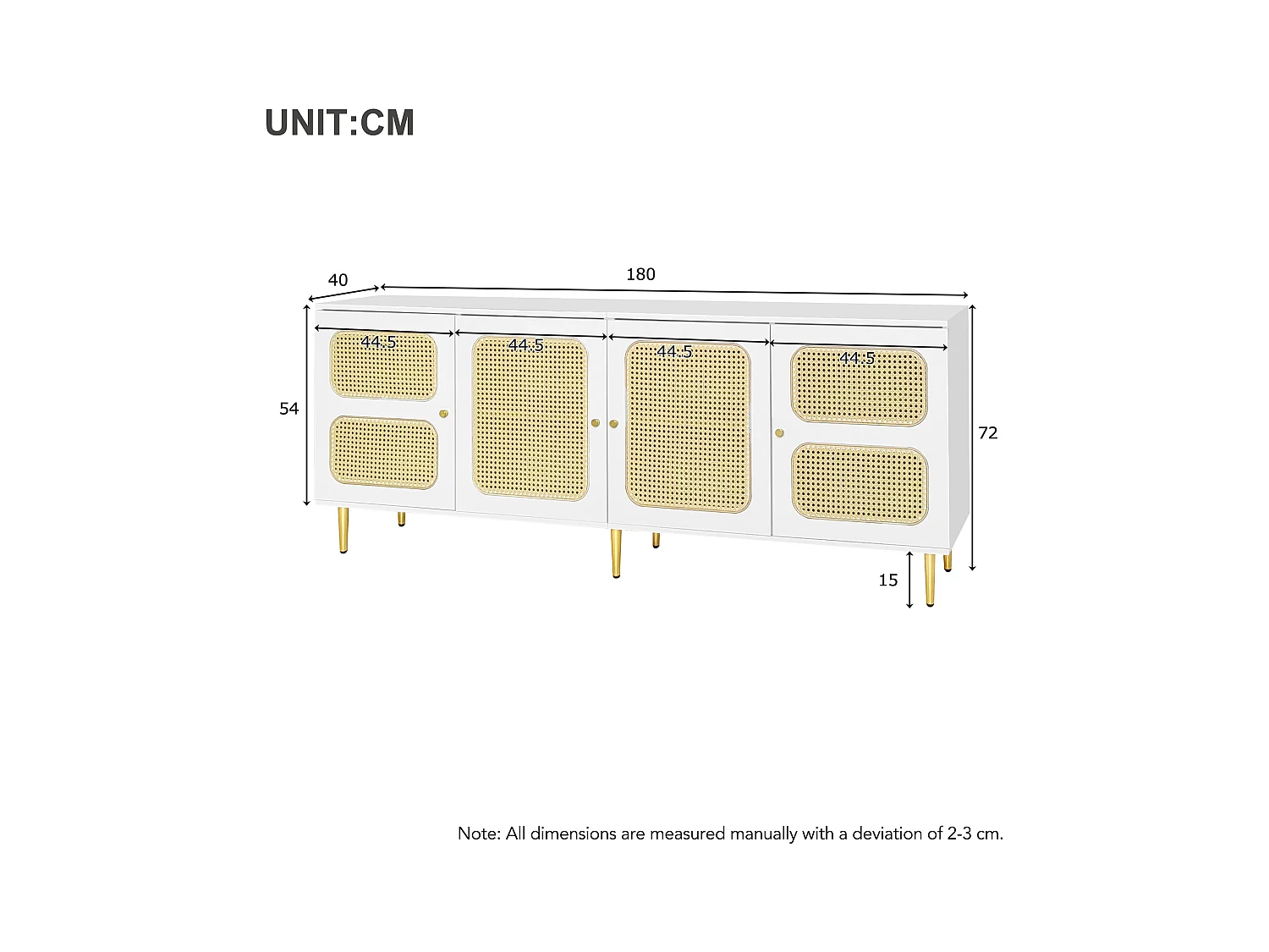 TV-meubel met 2 lades en 4 rotan deuren - 180x40x72 cm - Spaanplaat - Wit