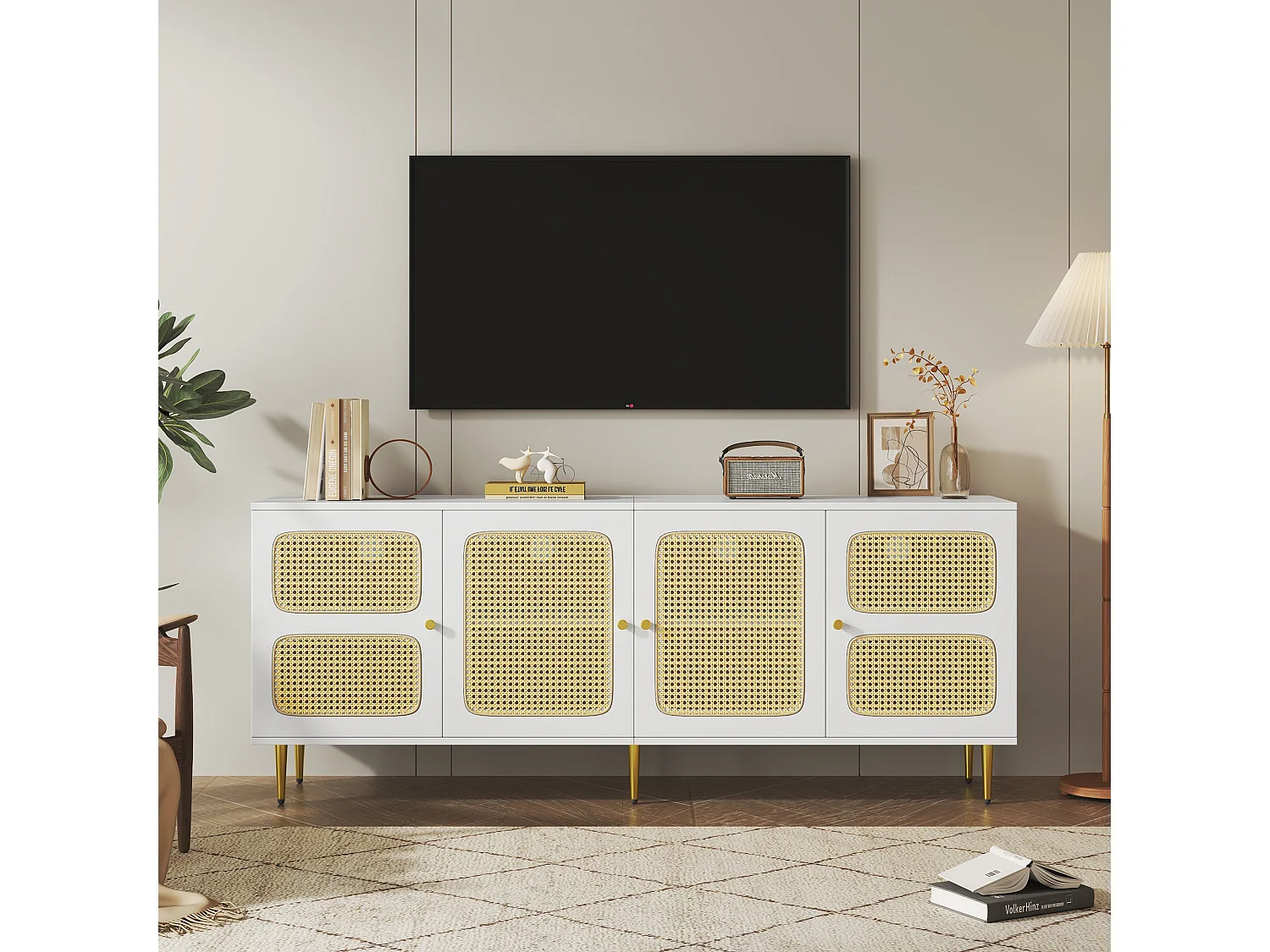 TV-meubel met 2 lades en 4 rotan deuren - 180x40x72 cm - Spaanplaat - Wit