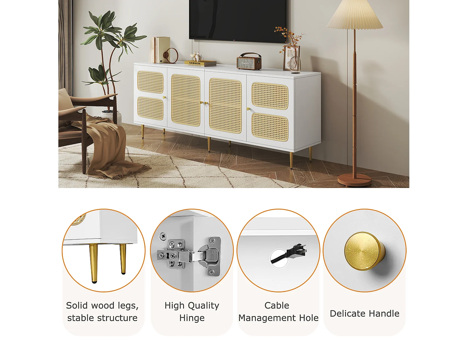 TV-meubel met 2 lades en 4 rotan deuren - 180x40x72 cm - Spaanplaat - Wit