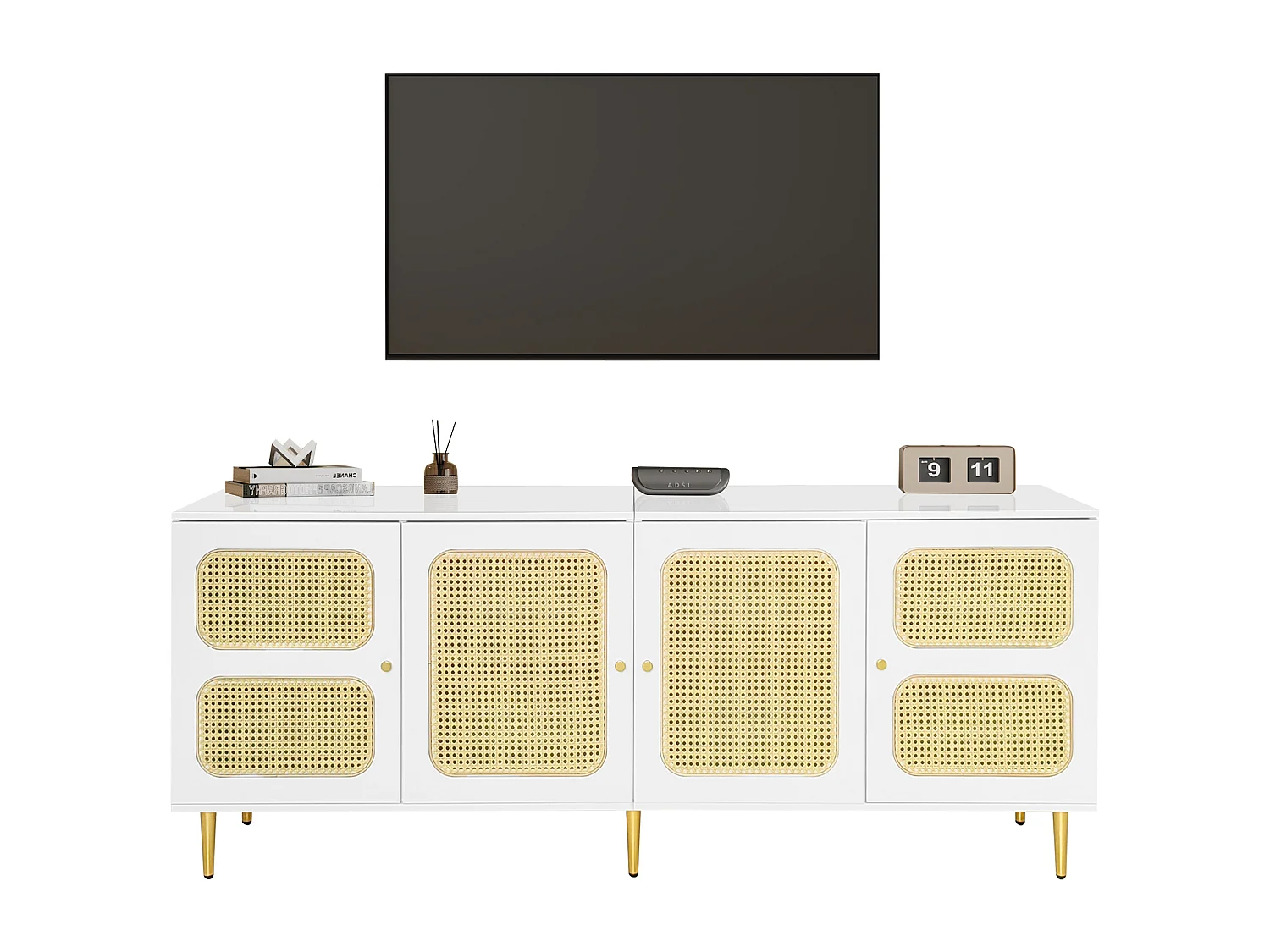 TV-meubel met 2 lades en 4 rotan deuren - 180x40x72 cm - Spaanplaat - Wit