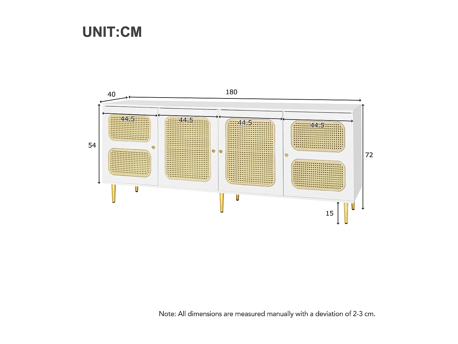 TV-meubel met 2 lades en 4 rotan deuren - 180x40x72 cm - Spaanplaat - Wit