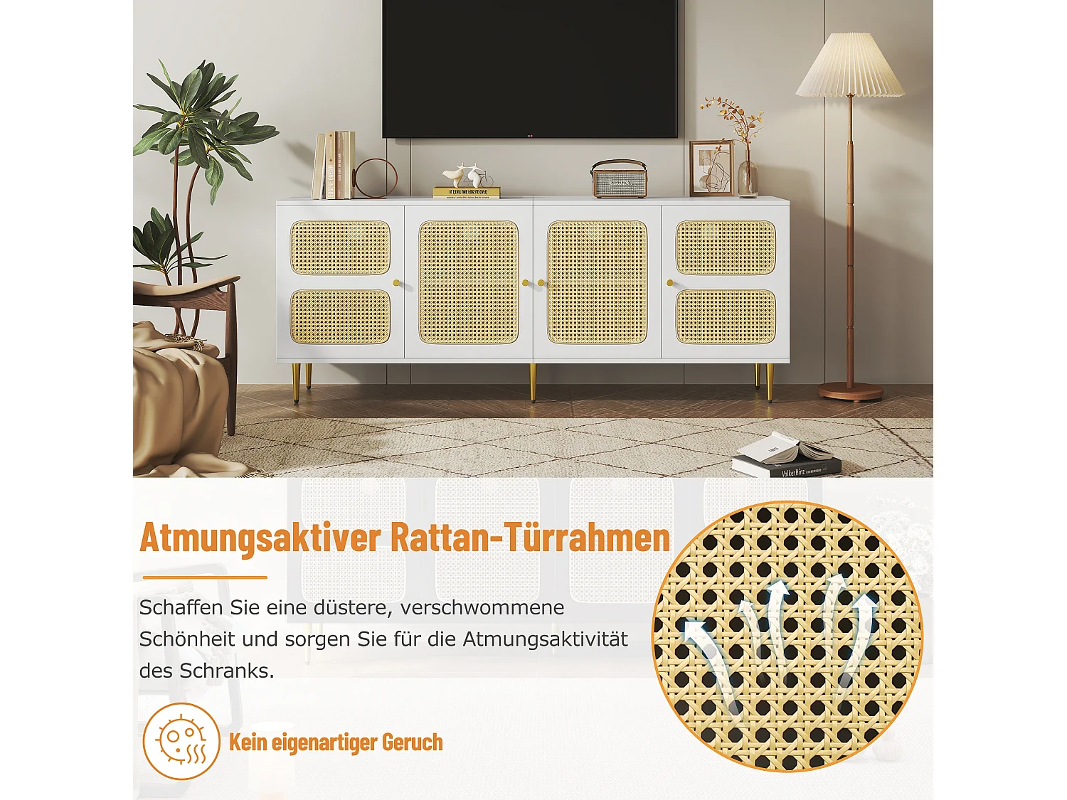 TV-meubel met 2 lades en 4 rotan deuren - 180x40x72 cm - Spaanplaat - Wit