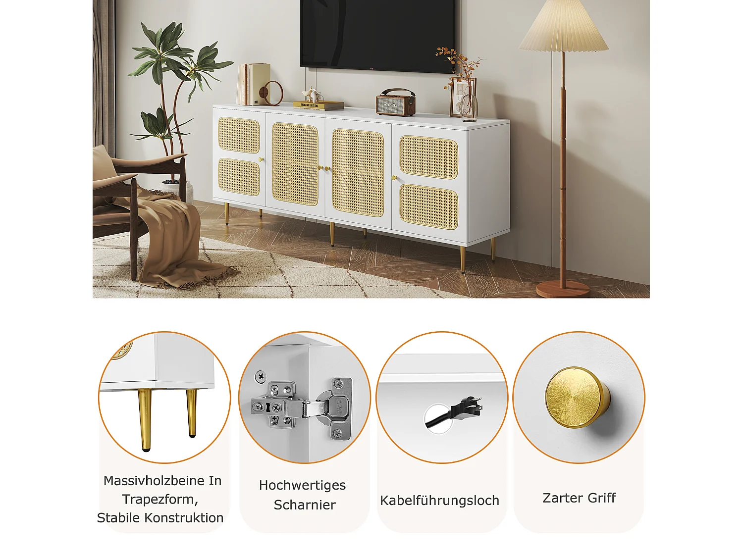 TV-meubel met 2 lades en 4 rotan deuren - 180x40x72 cm - Spaanplaat - Wit