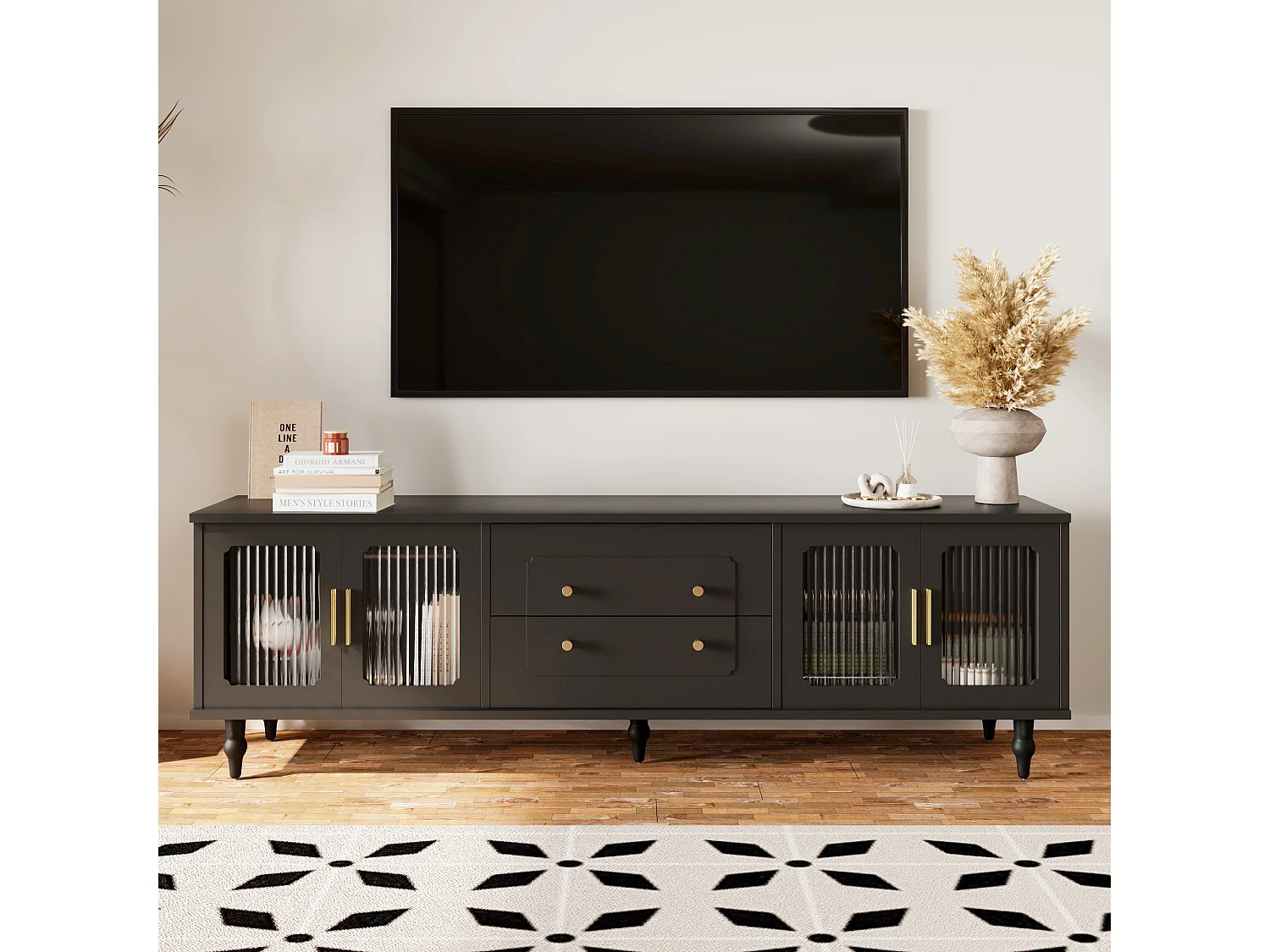 TV-meubel met 4 glazen deuren en 2 lades - 175x38x55,5cm - Spaanplaat - Gouden handgrepen - zwart