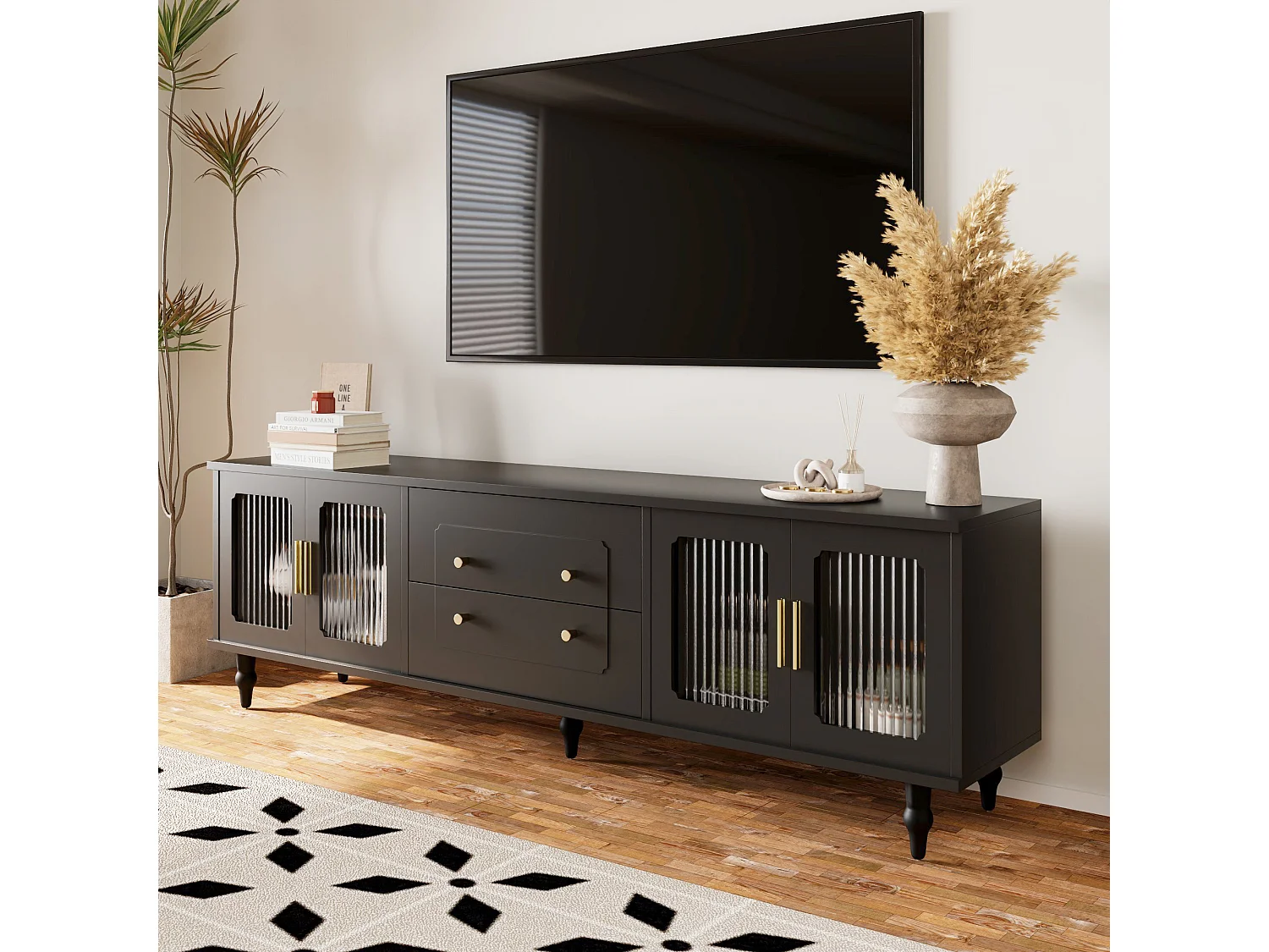 TV-meubel met 4 glazen deuren en 2 lades - 175x38x55,5cm - Spaanplaat - Gouden handgrepen - zwart
