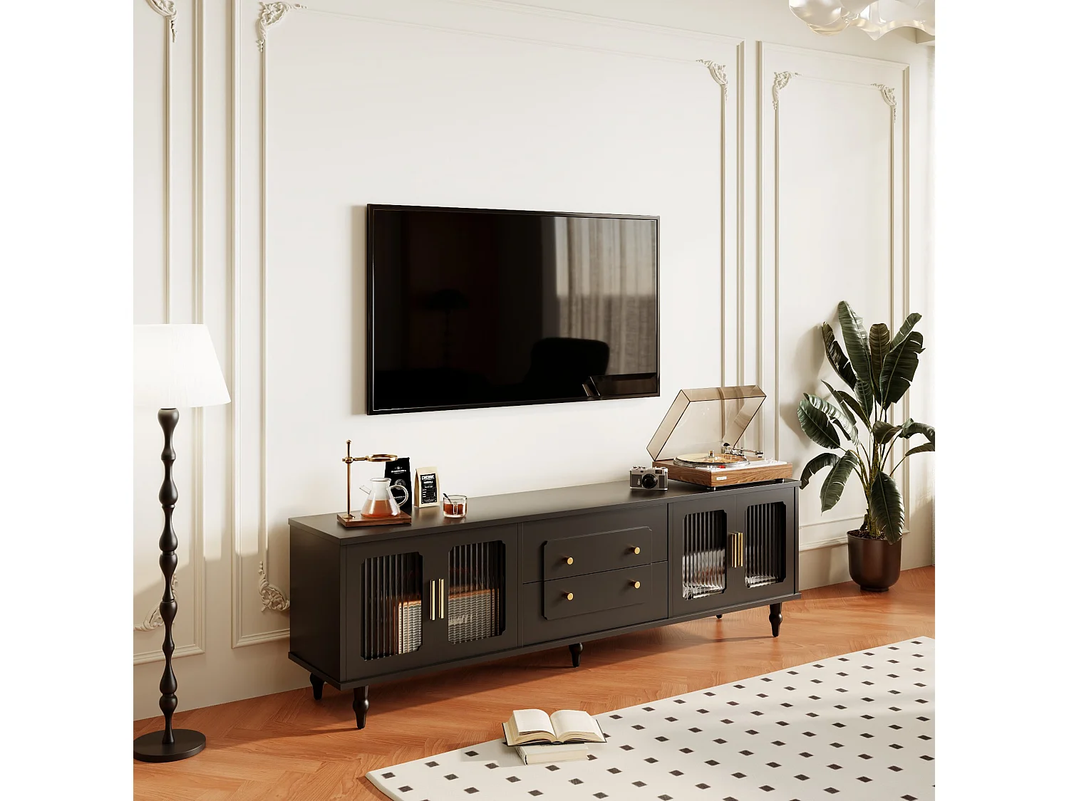 TV-meubel met 4 glazen deuren en 2 lades - 175x38x55,5cm - Spaanplaat - Gouden handgrepen - zwart