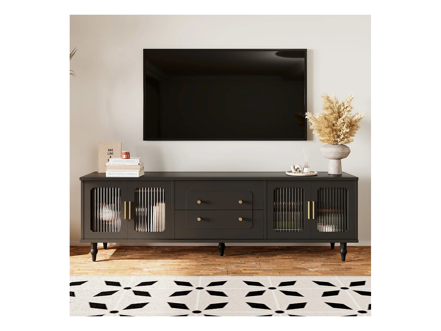 Meuble TV avec 4 portes en verre et 2 tiroirs - 175x38x55,5cm - Panneaux de particules - Poignées dorées - noir