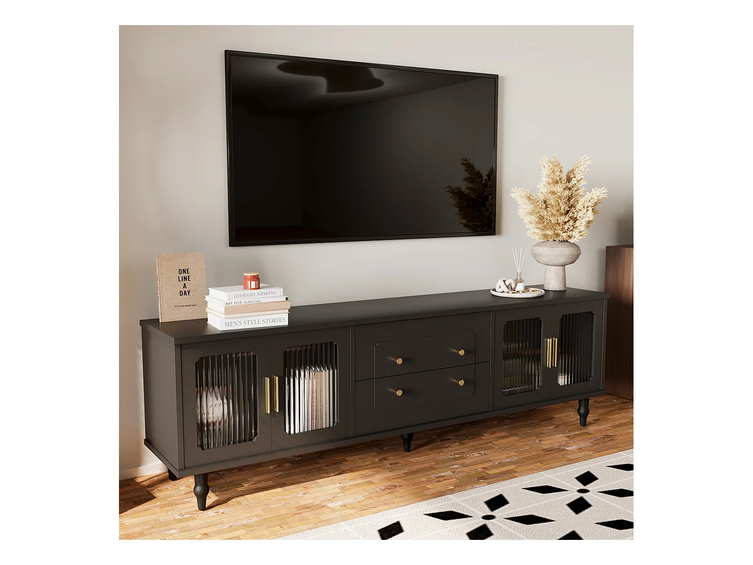 Meuble TV avec 4 portes en verre et 2 tiroirs - 175x38x55,5cm - Panneaux de particules - Poignées dorées - noir