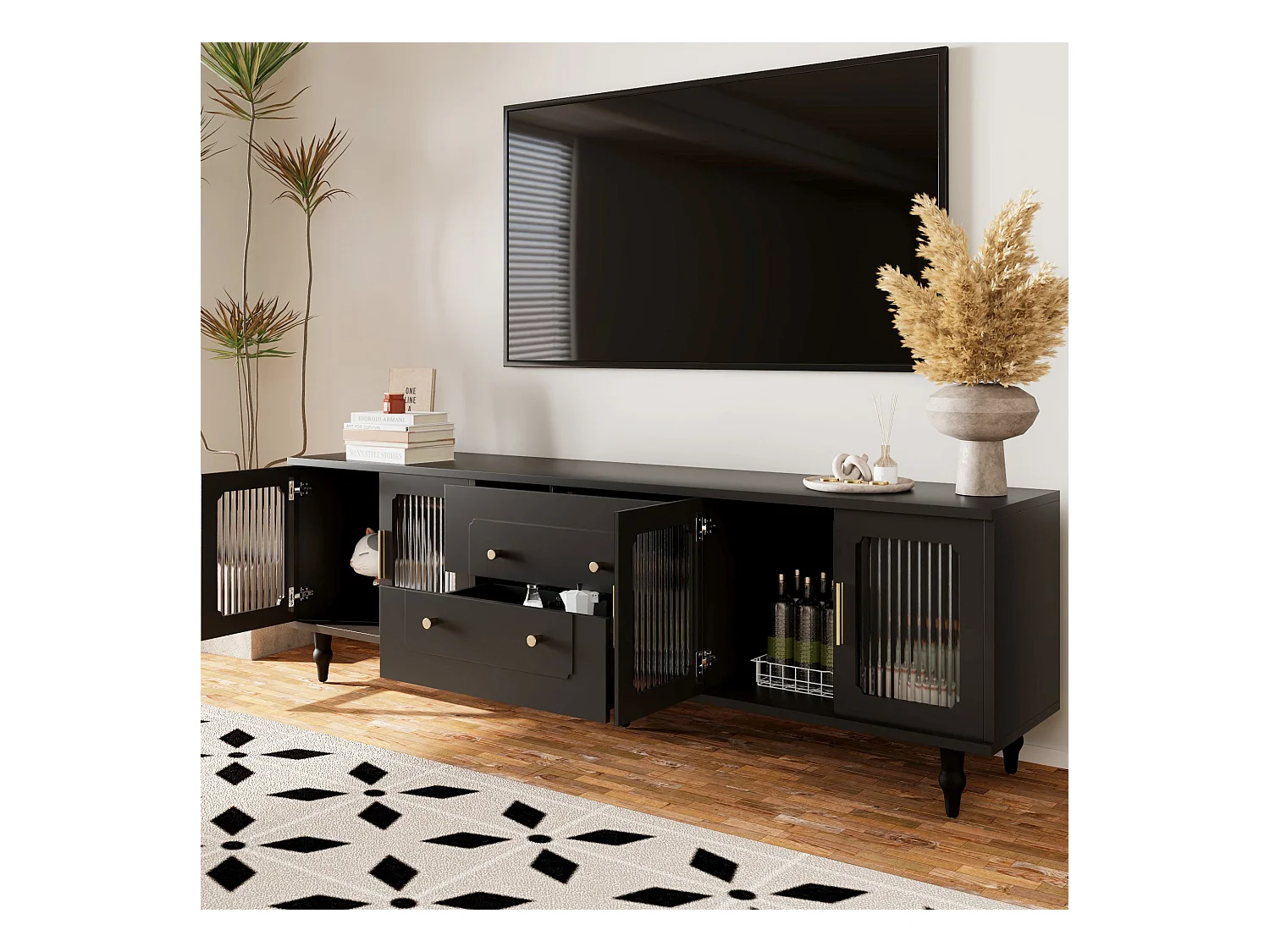 Meuble TV avec 4 portes en verre et 2 tiroirs - 175x38x55,5cm - Panneaux de particules - Poignées dorées - noir