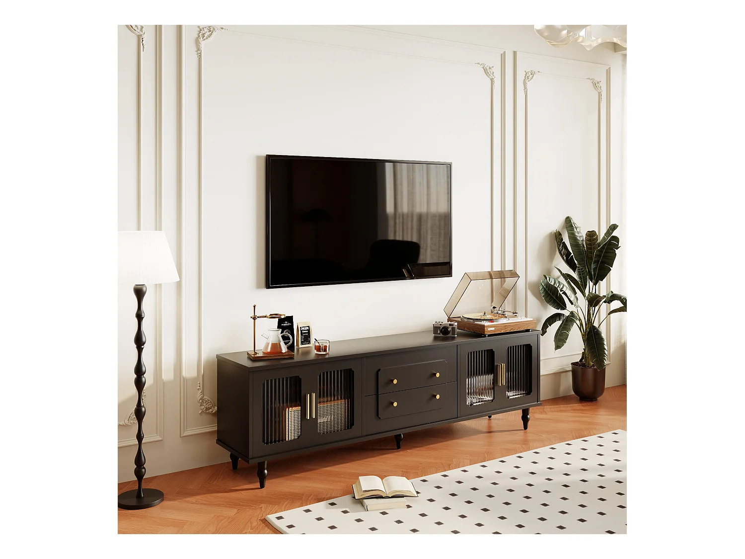 Meuble TV avec 4 portes en verre et 2 tiroirs - 175x38x55,5cm - Panneaux de particules - Poignées dorées - noir