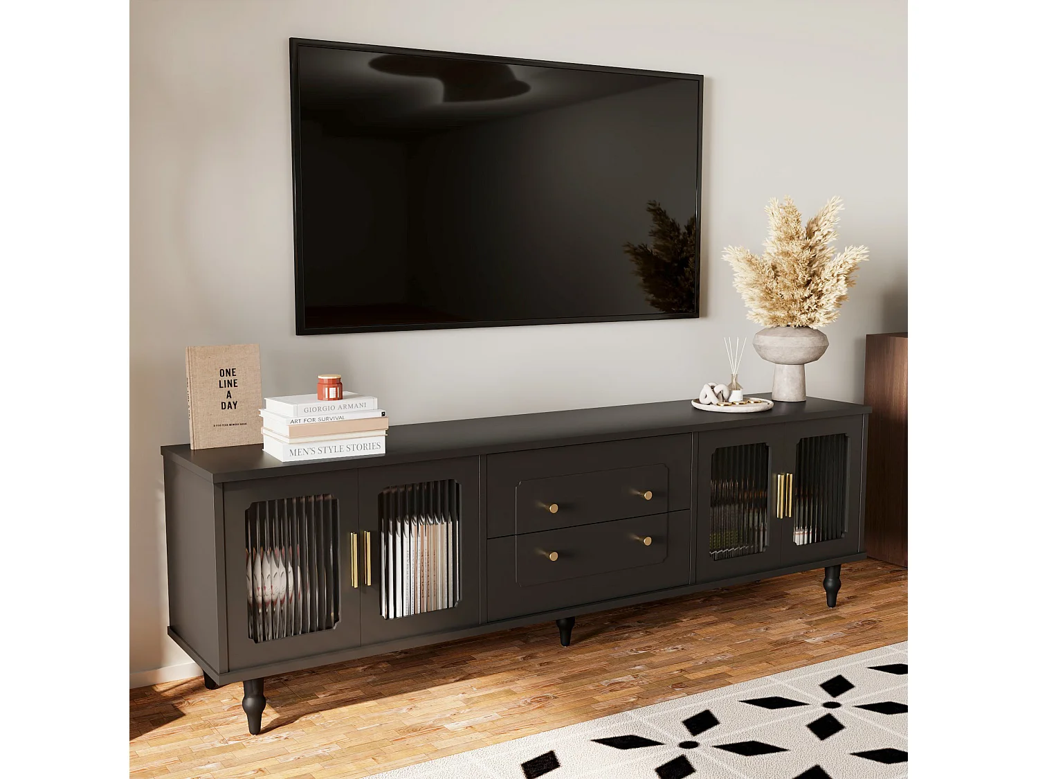 Meuble TV avec 4 portes en verre et 2 tiroirs - 175x38x55,5cm - Panneaux de particules - Poignées dorées - noir