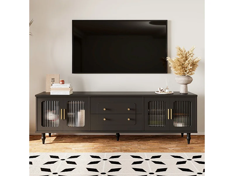 Meuble TV avec 4 portes en verre et 2 tiroirs - 175x38x55,5cm - Panneaux de particules - Poignées dorées - noir