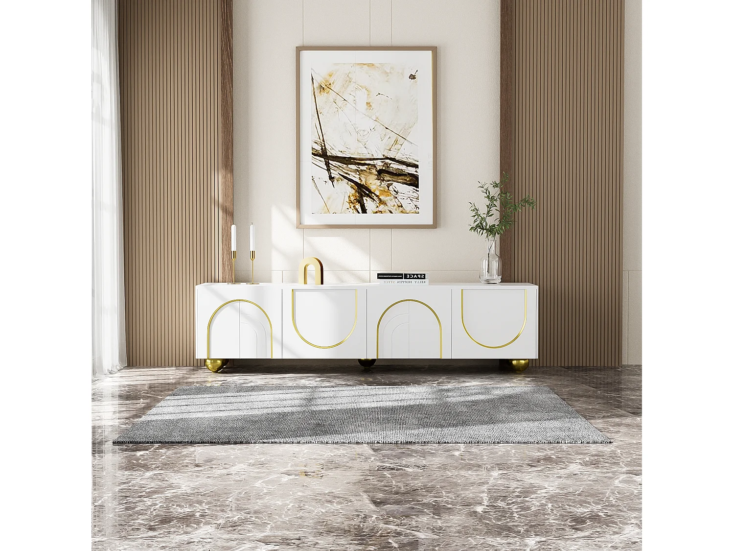 Mueble TV, mueble bajo con puertas estructuradas, adornos dorados, patas redondas doradas, estantes incluidos, apertura push-to-open