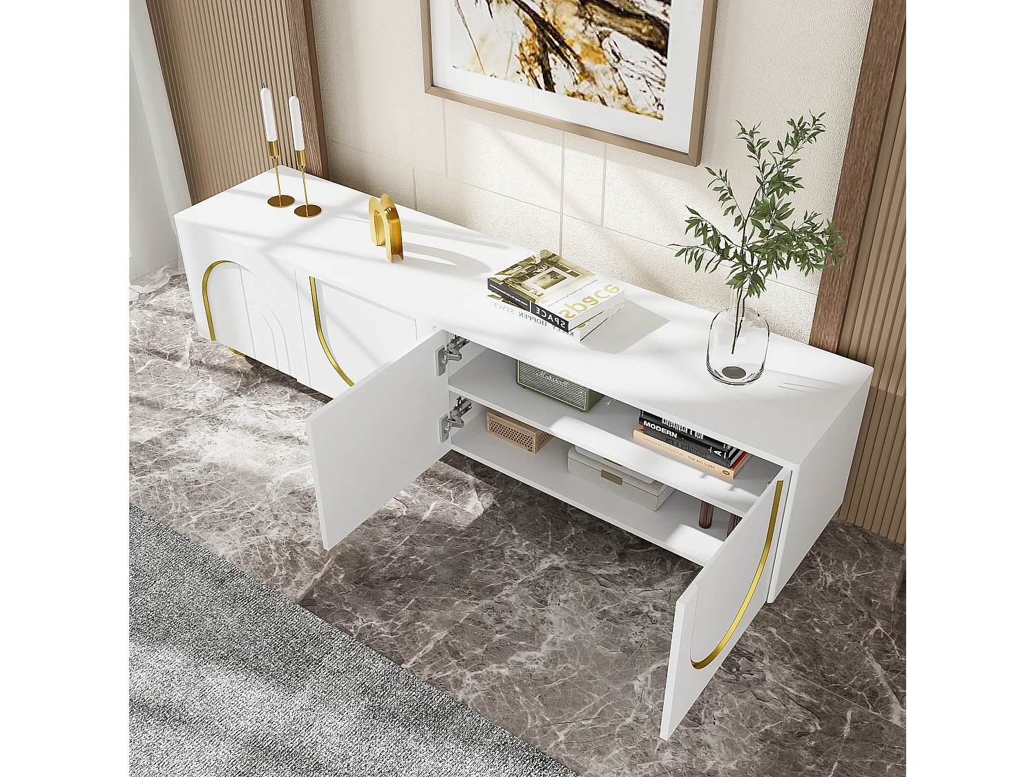 Mueble TV, mueble bajo con puertas estructuradas, adornos dorados, patas redondas doradas, estantes incluidos, apertura push-to-open