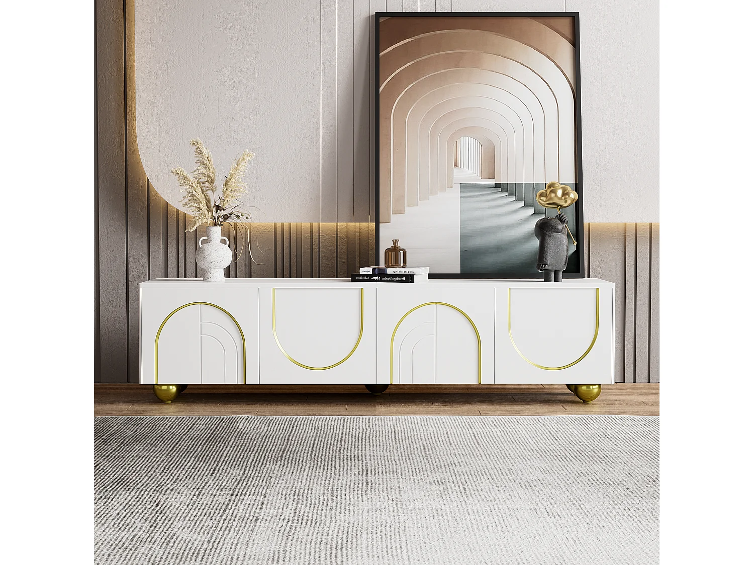 Mueble TV, mueble bajo con puertas estructuradas, adornos dorados, patas redondas doradas, estantes incluidos, apertura push-to-open