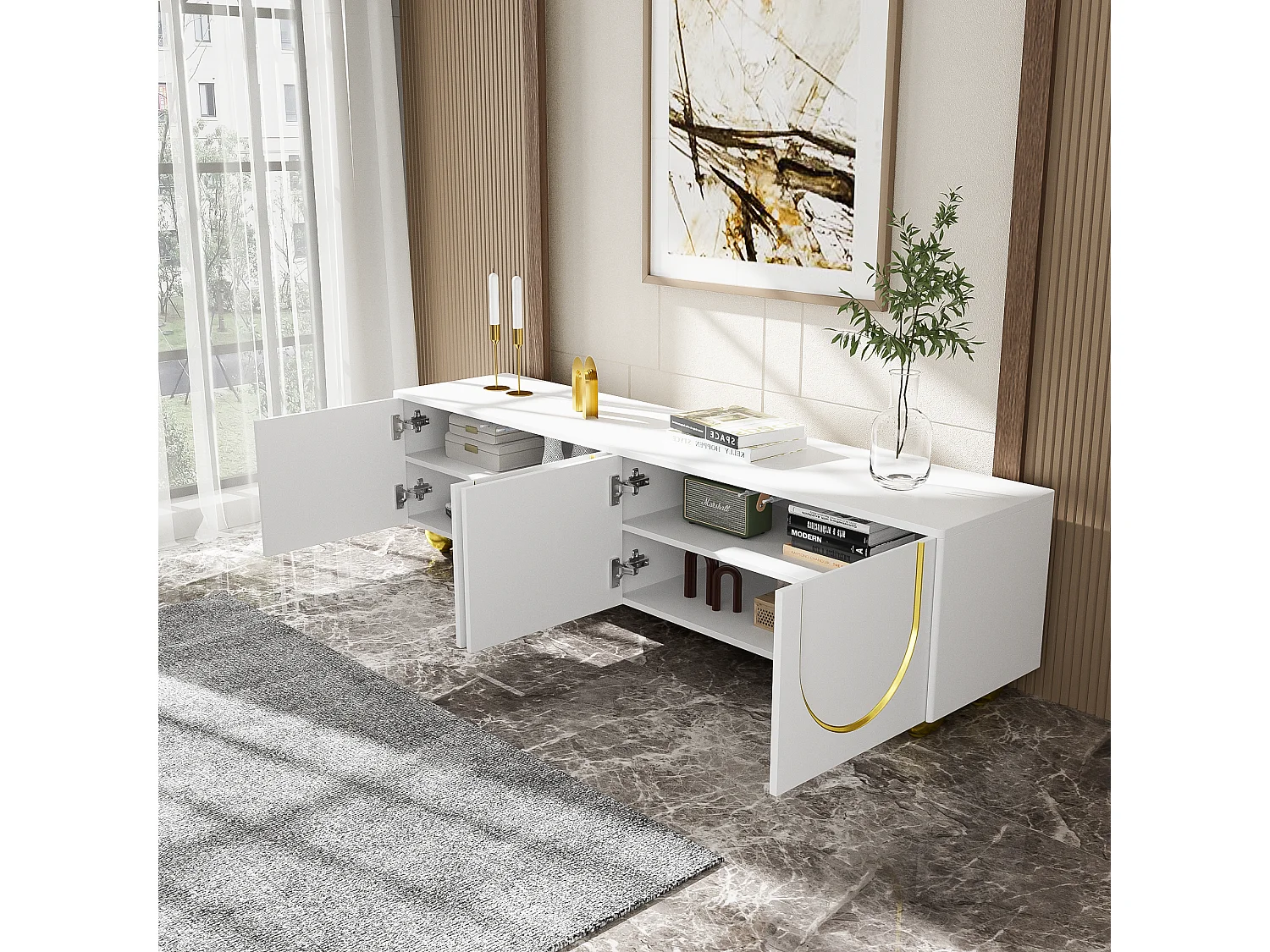 Meuble TV, lowboard avec portes structurées, décorations dorées, pieds ronds dorés, étagères incluses, ouverture par pression