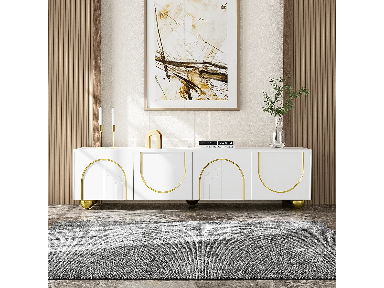 Meuble TV, lowboard avec portes structurées, décorations dorées, pieds ronds dorés, étagères incluses, ouverture par pression