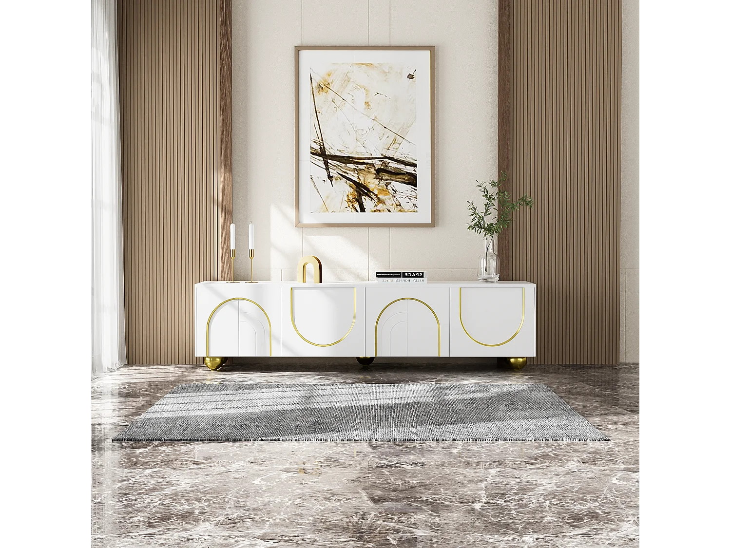 Meuble TV, lowboard avec portes structurées, décorations dorées, pieds ronds dorés, étagères incluses, ouverture par pression