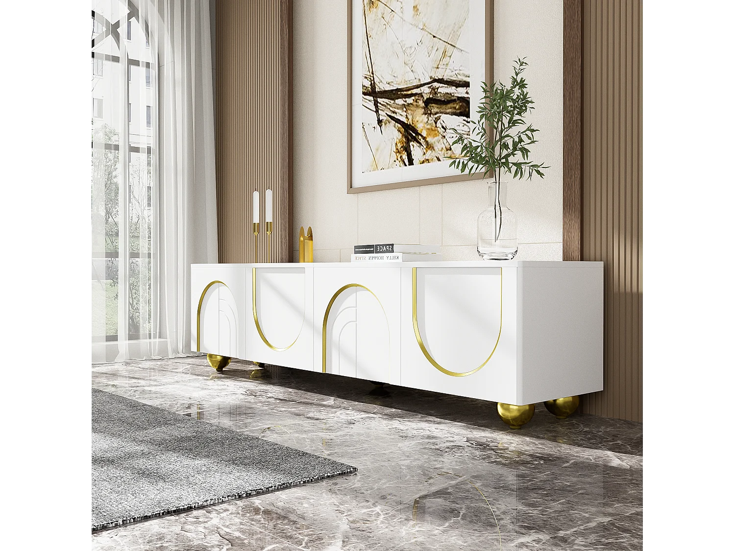 Meuble TV, lowboard avec portes structurées, décorations dorées, pieds ronds dorés, étagères incluses, ouverture par pression