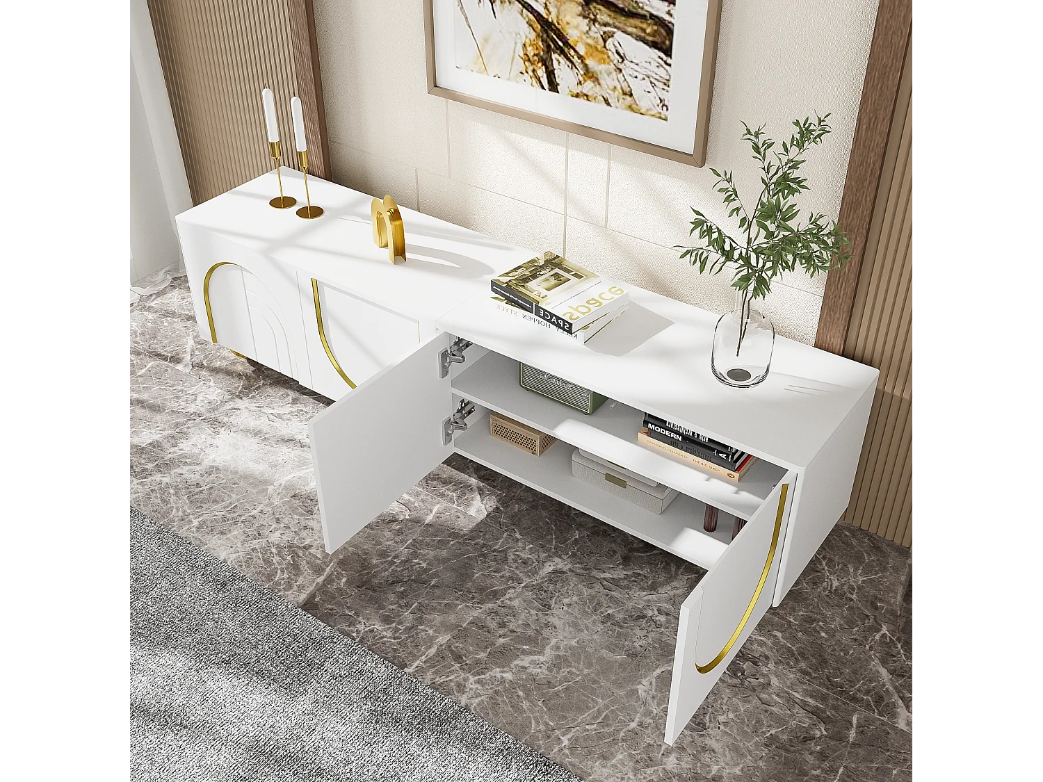 Meuble TV, lowboard avec portes structurées, décorations dorées, pieds ronds dorés, étagères incluses, ouverture par pression