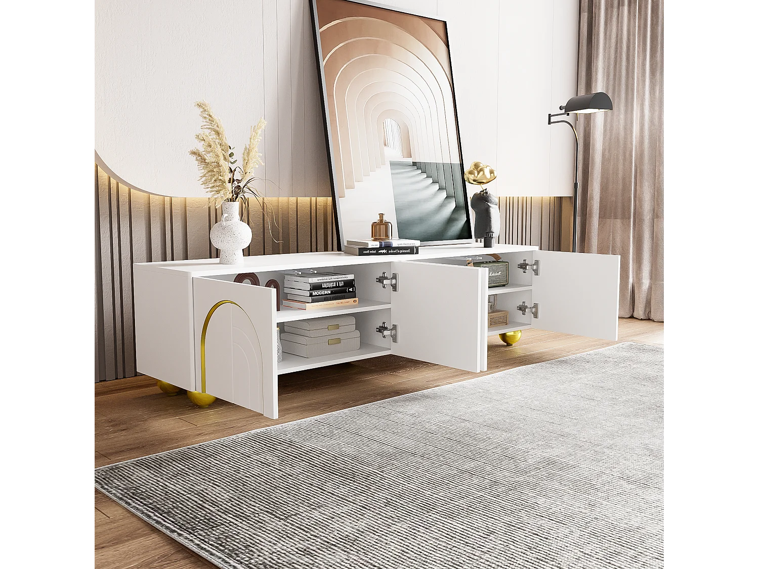 Meuble TV, lowboard avec portes structurées, décorations dorées, pieds ronds dorés, étagères incluses, ouverture par pression