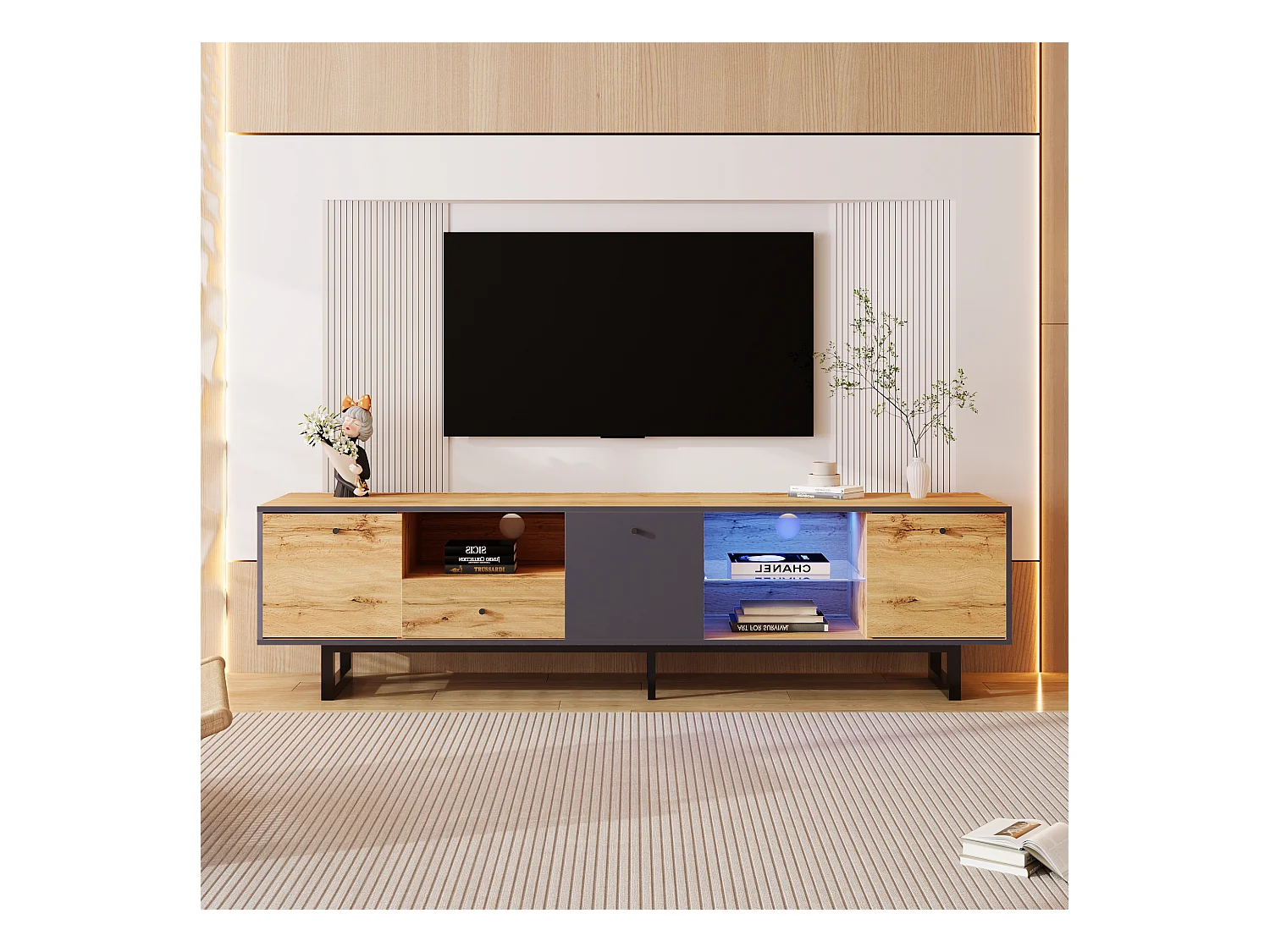 Meuble TV avec 3 portes, 1 tiroirs & 3 niches - LEDs - Panneaux de particules et pièds en métal - Chêne