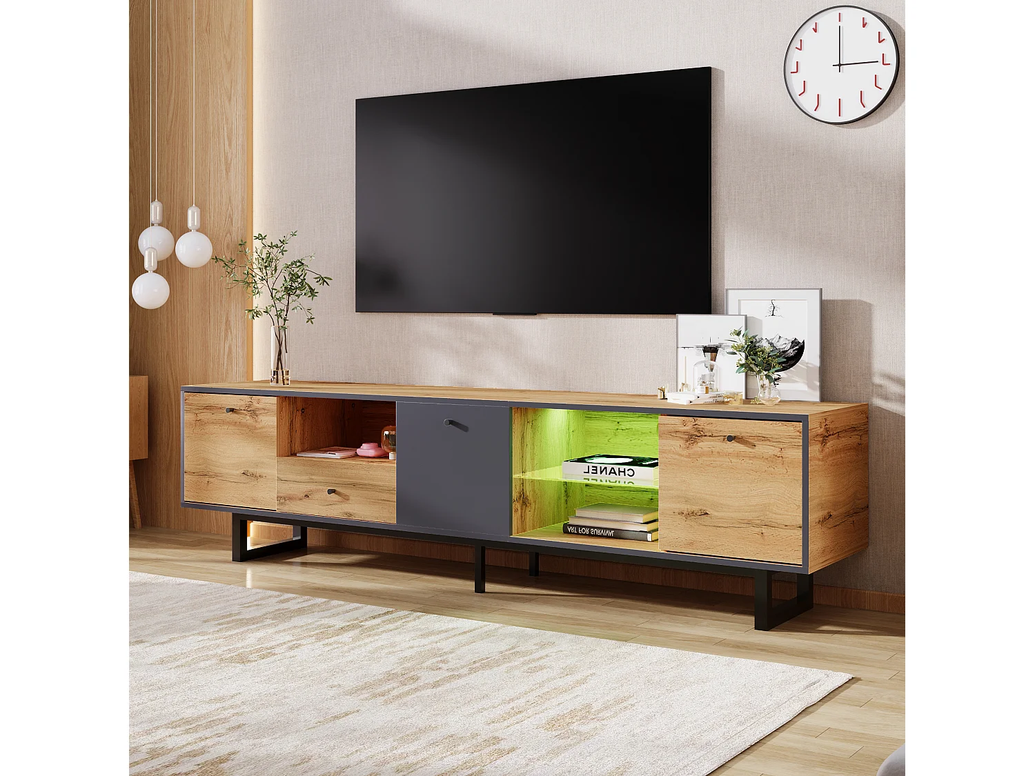 Mobile TV con 3 ante, 1 cassetto e 3 nicchie - LED - Pannelli truciolari e gambe in metallo - Rovere