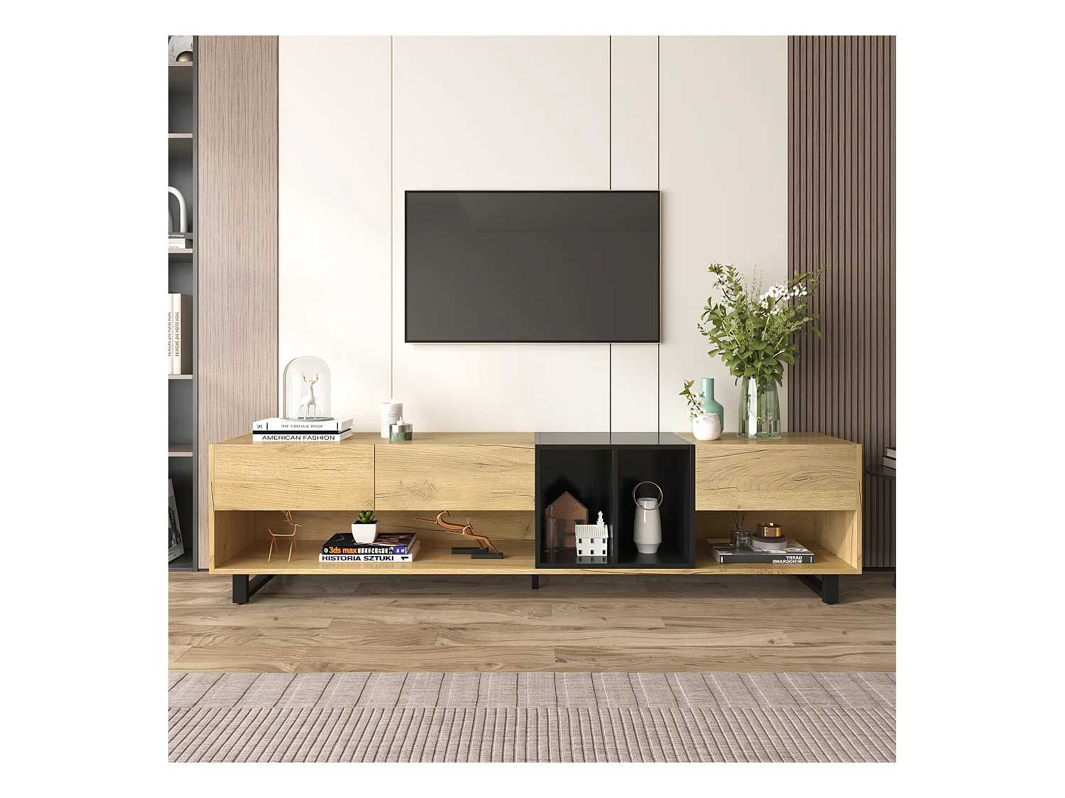 TV-meubel met 3 lades en 4 vakken - 200 x 40 x 50 cm - Spaanplaat - Naturel en zwart